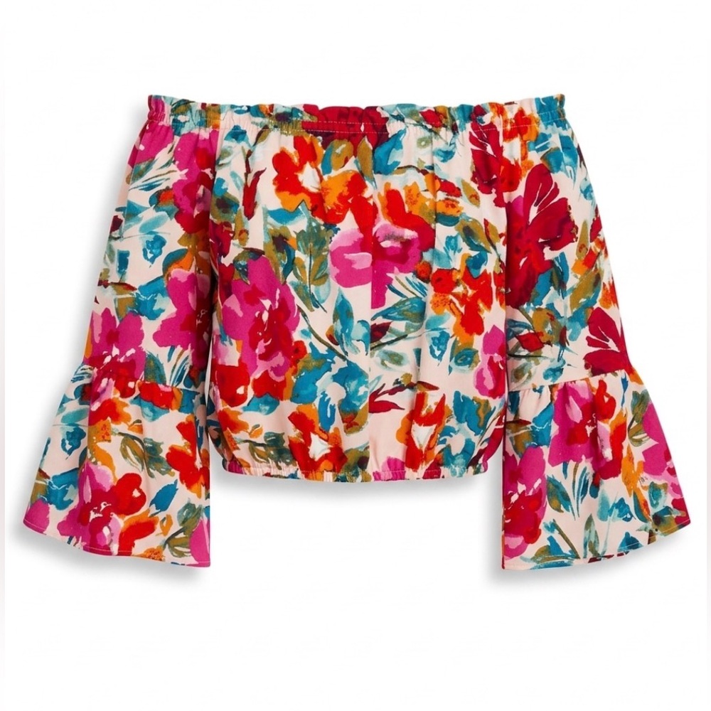 Floral Off Shoulder Top Bell Sleeve Boho Blouse Pink Blue Lightweight Sz M